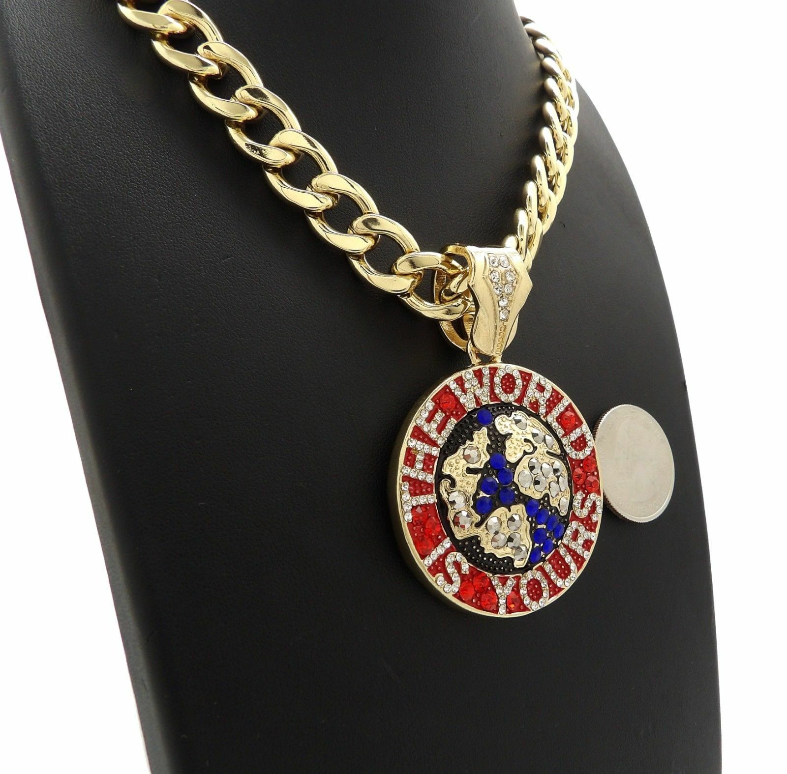 Hip Hop Iced Bling WORLD IS YOURS Pendant & 11mm 20″ Cuban Choker Chain Necklace