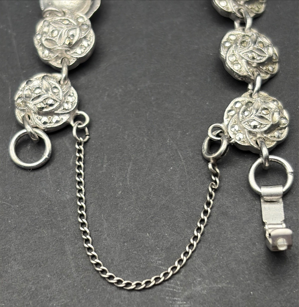 Sterling Silver 925 Rosette Link Bracelet with Safety Catch 16.1g