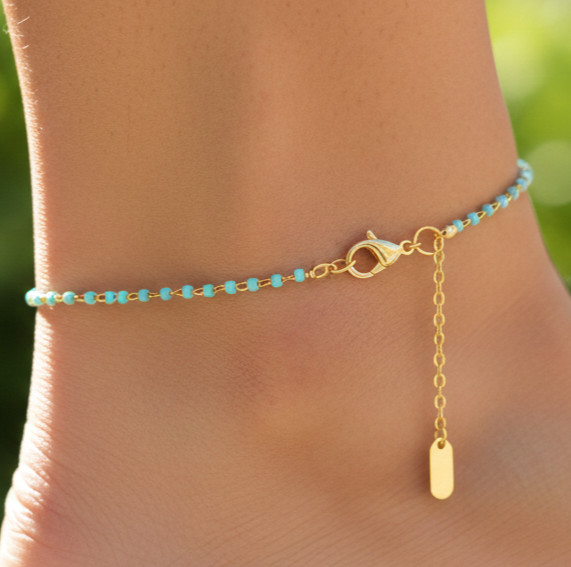 Chic Turquoise Beaded Anklet 18K Gold Plated Brass Chain Foot Jewelry