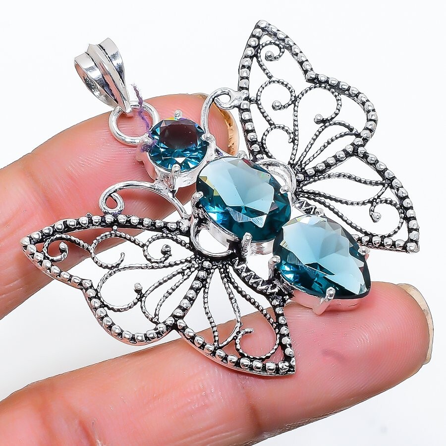 London Blue Topaz Gemstone Handmade 925 Sterling Silver Jewelry Pendant Size 2″