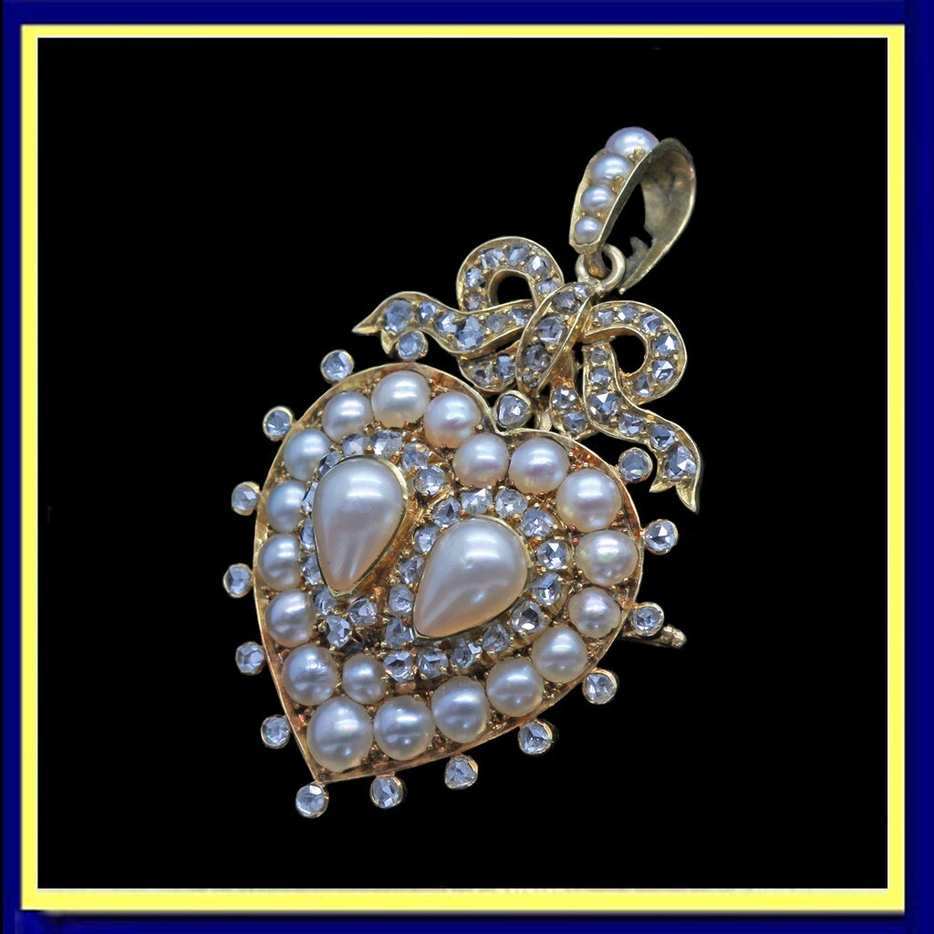 Antique Pendant Brooch 18k Gold Pearls Diamond Heart Romantic w Appraisal (6658)