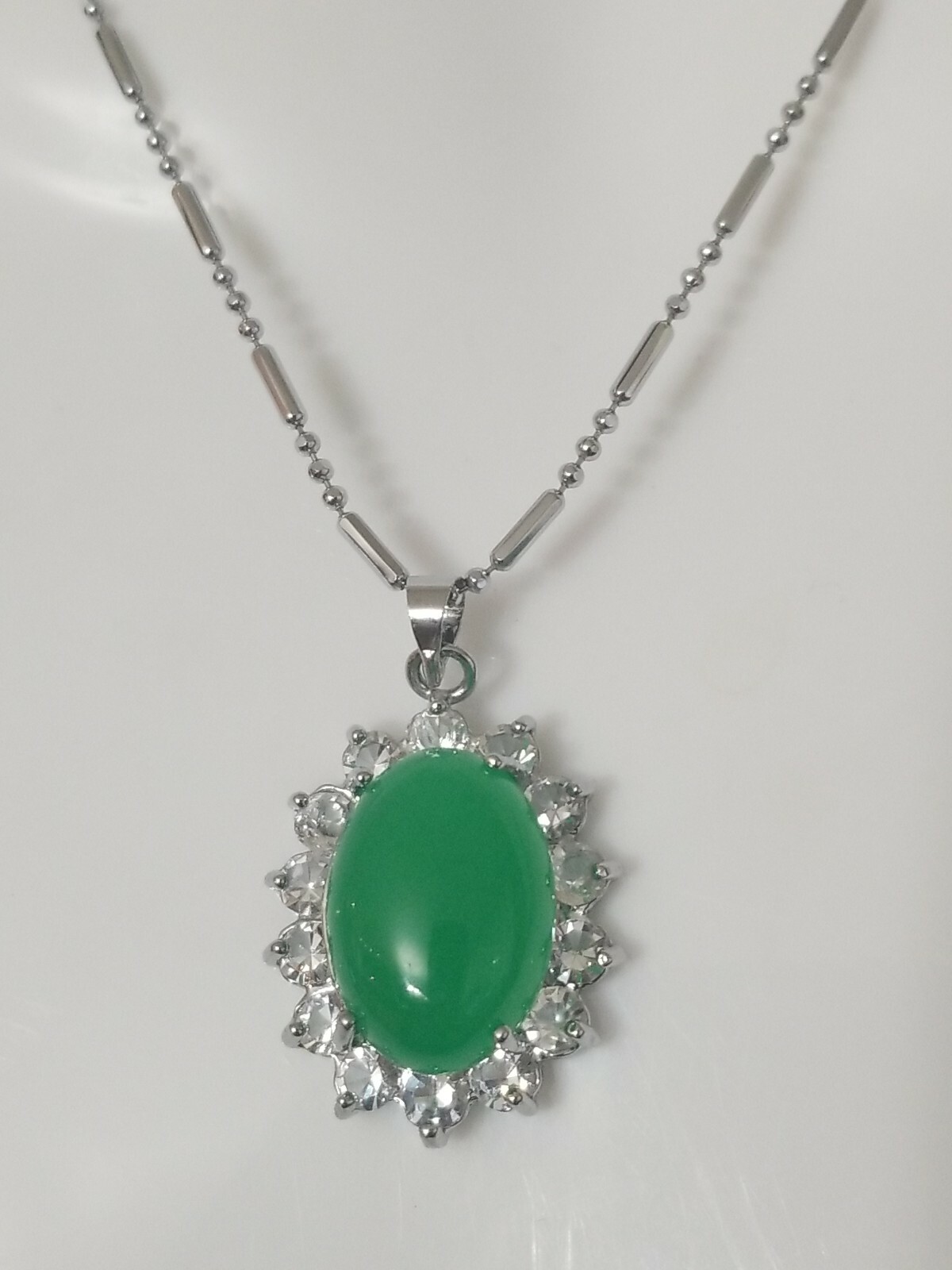 Jade Crystal Silver Tone 18K GP Necklace stamped 18kgp MA 16″ Chain
