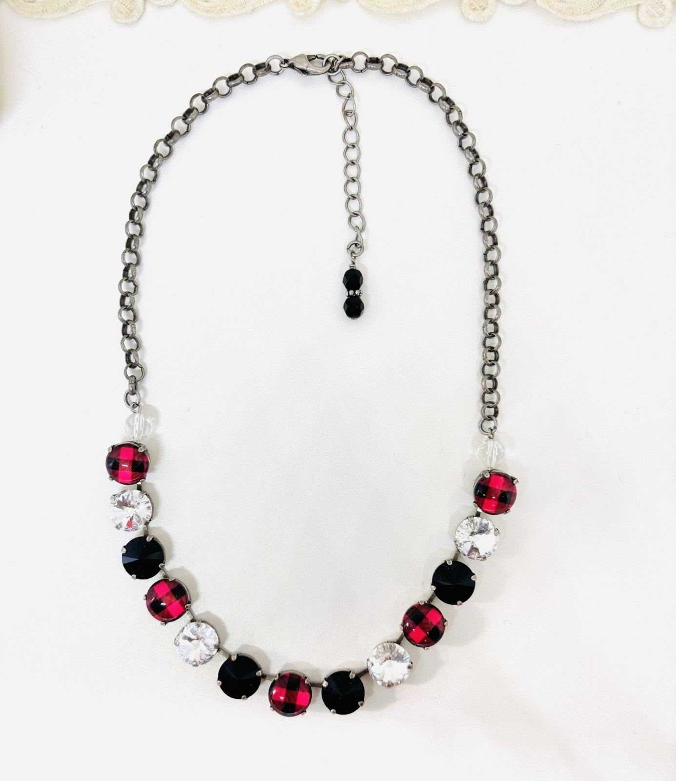 Red Plaid Cup Chain Statement Necklace made with Jet Black Austrian Crystals