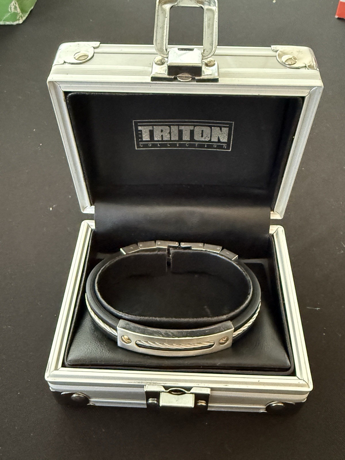 Triton Mens Bracelet Stainless Steel & Black Rubber 14K Gold Screws Cable Inlay