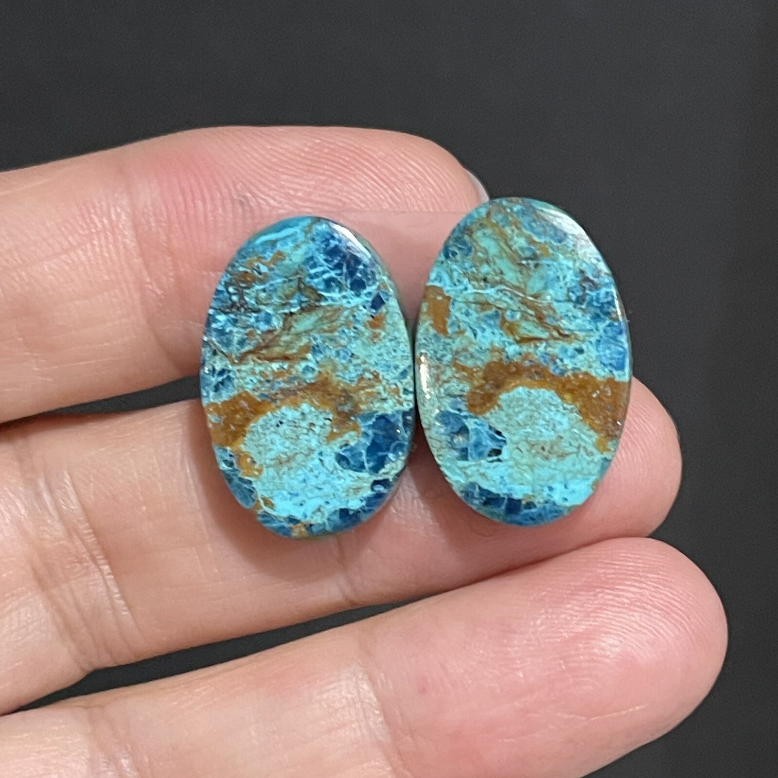 31ct 22×14.5×5.4mm Pair Of Green Blue Shattuckite Oval Cabochons Gems