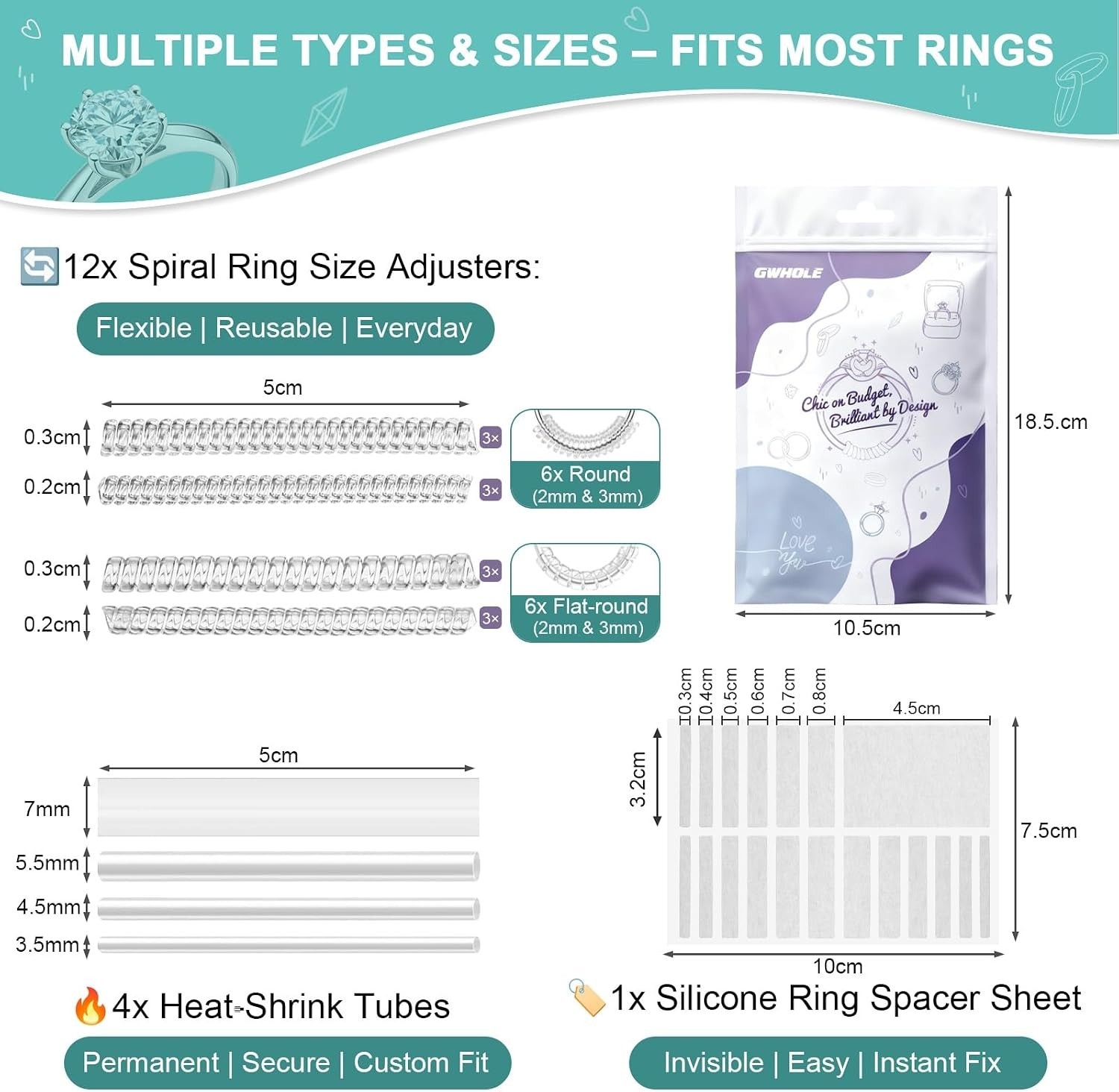 All-in-One Ring Sizing Kit: 36 Invisible Adjusters for Engagement & Weddings