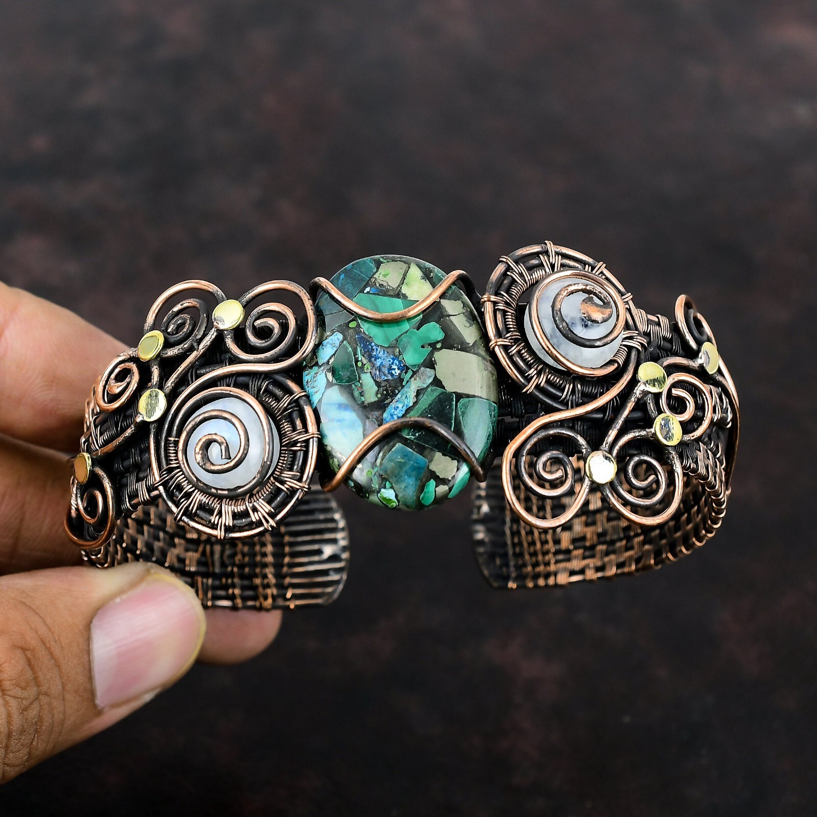 Copper Azurite Malachite Wire Wrapped Adjustable Cuff Handcrafted Copper Bangle