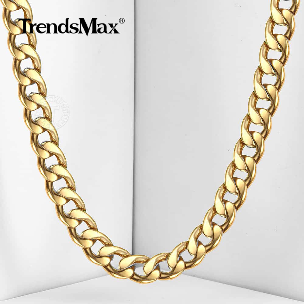 8mm 24″ Gold Plated Stainless Steel Curb Cuban Link Chain Necklace