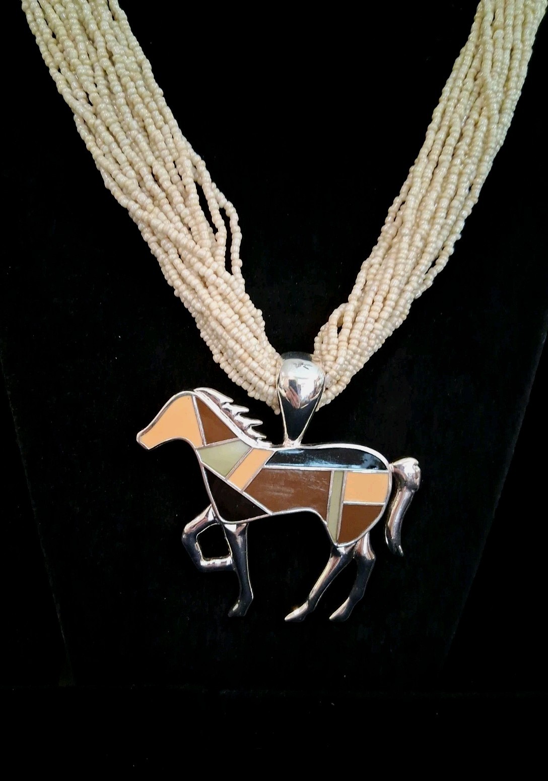 Native Amer. Multicolor Inlay Enamel Horse Pendant On A Multistrand Beaded Chain