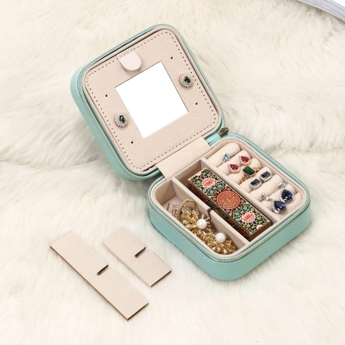 Small Travel Jewelry Case with Mirror, Portable Organizer Box, Blue