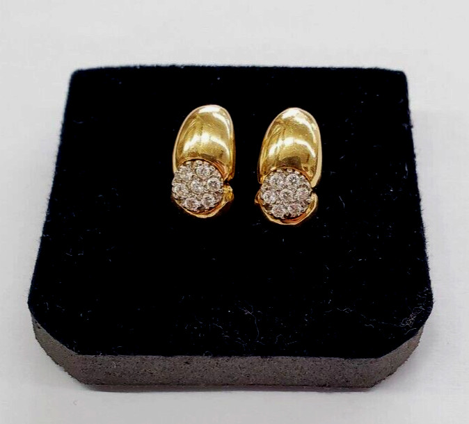 14k Yellow Gold .25 CT Round Clear Stone Cluster Huggie Style Earrings -3.3 gram