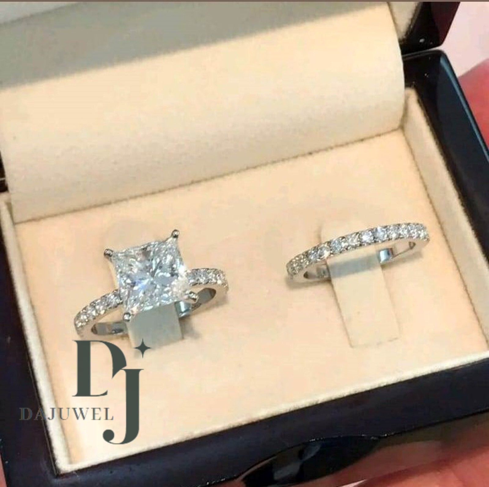 Moissanite Bridal Set Engagement Ring Princess Cut 3 Carat Solid 14K White Gold