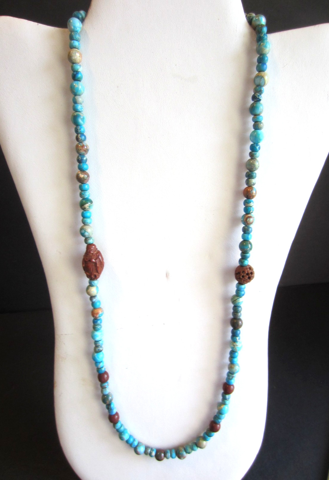 New Artisan Mixed Turquoise & Jasper Beaded Necklace Sterling Hook 28.5″ OOAK