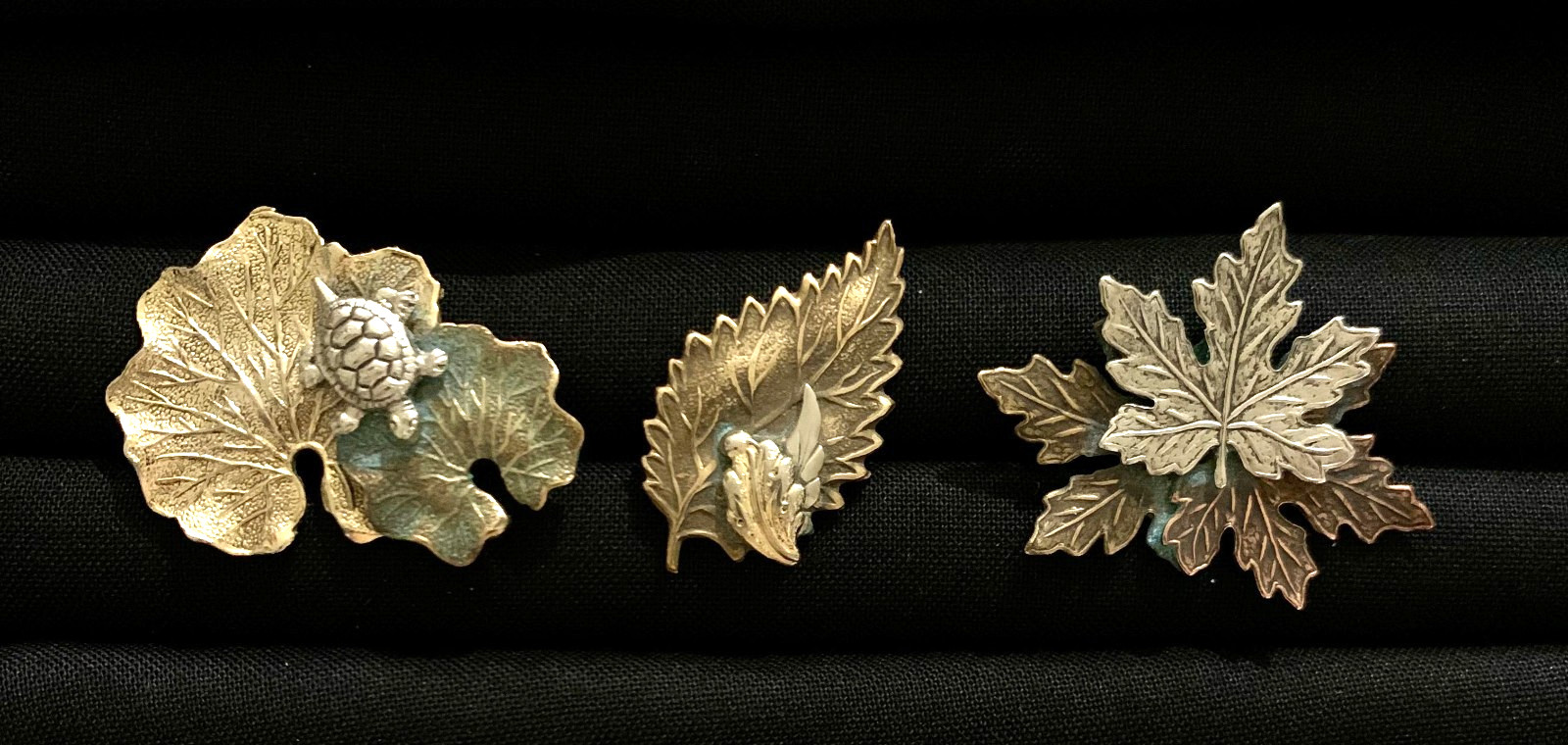 3 Vintage Leaf-Shaped Metal Brooches with Varies Patinas