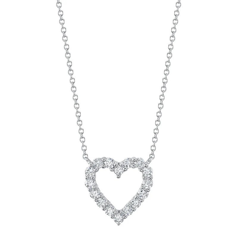 14K Yellow Gold Diamond Open Heart Pendant Necklace Round Pave Necklace Womens