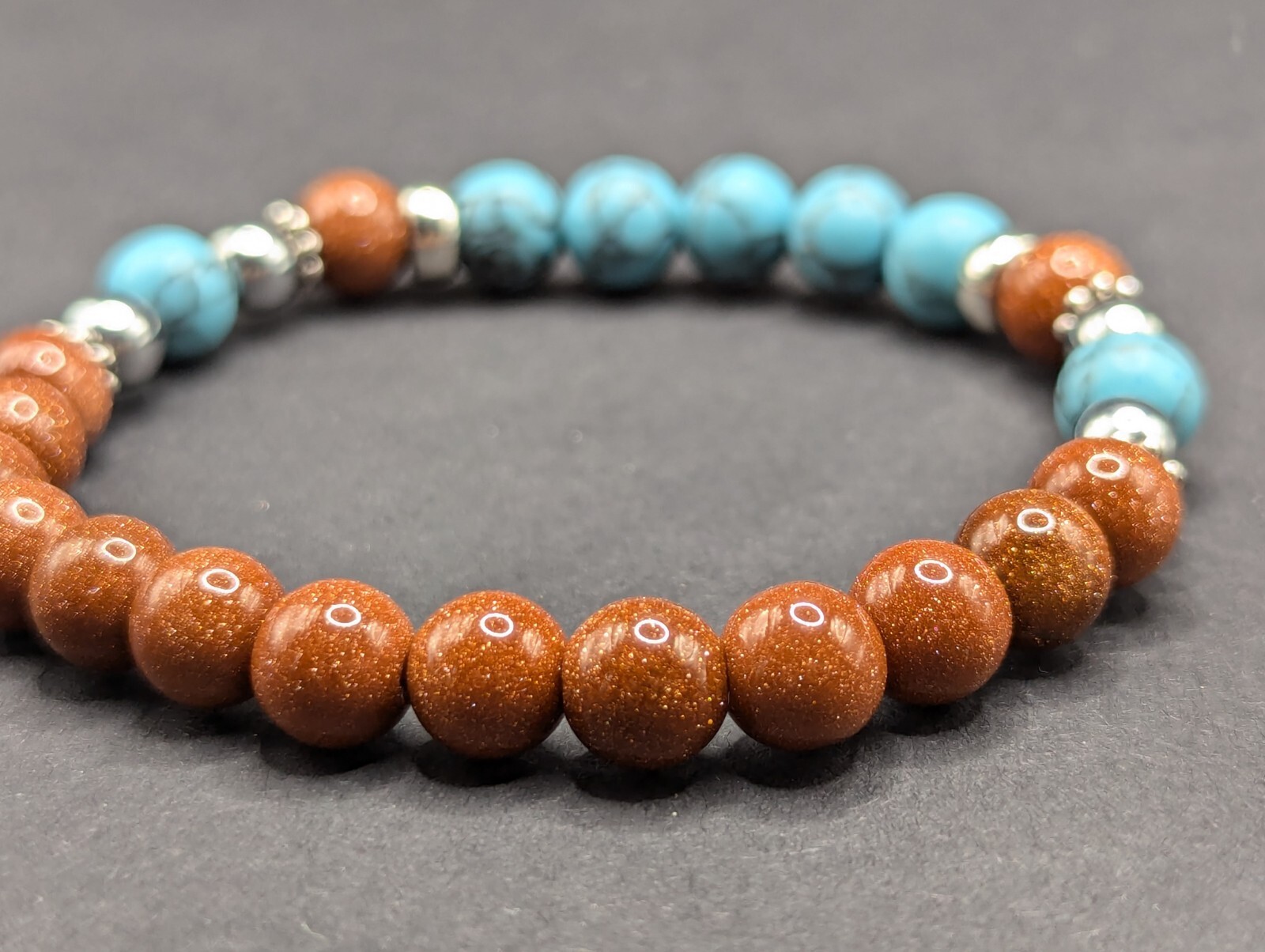 Goldstone, Blue Howlite Beaded Stretch 8mm Artisan Bracelet (18cm) Medium Wrist