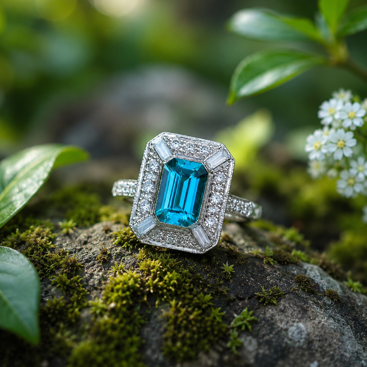 2.50Ct Emerald Lab Created Blue Topaz Halo Engagement Ring 14K White Gold Plated