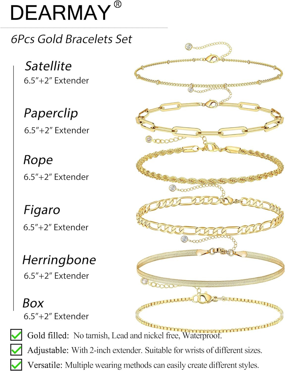 Pulseras Chapadas en Oro 14K Mujer Resistentes al Agua Moda Juego Accesorios