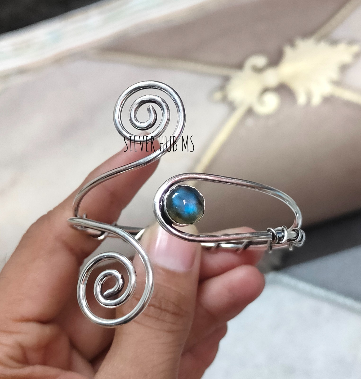 925 Sterling Silver Natural Labradorite Handmade Designer Adjustable Bangle Cuff