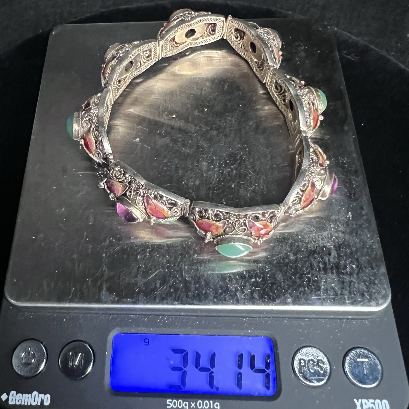 Vintage Chinese Export Silver Vermeil Filigree Enamel Bracelet 7.25″ 34g