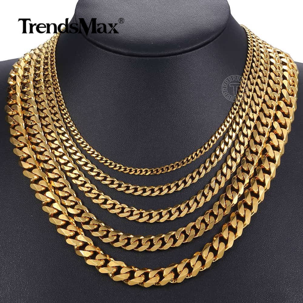3/5/7/9/11mm Gold Plated Stainless Steel Cuban Chain Necklace Bracelet Men Women