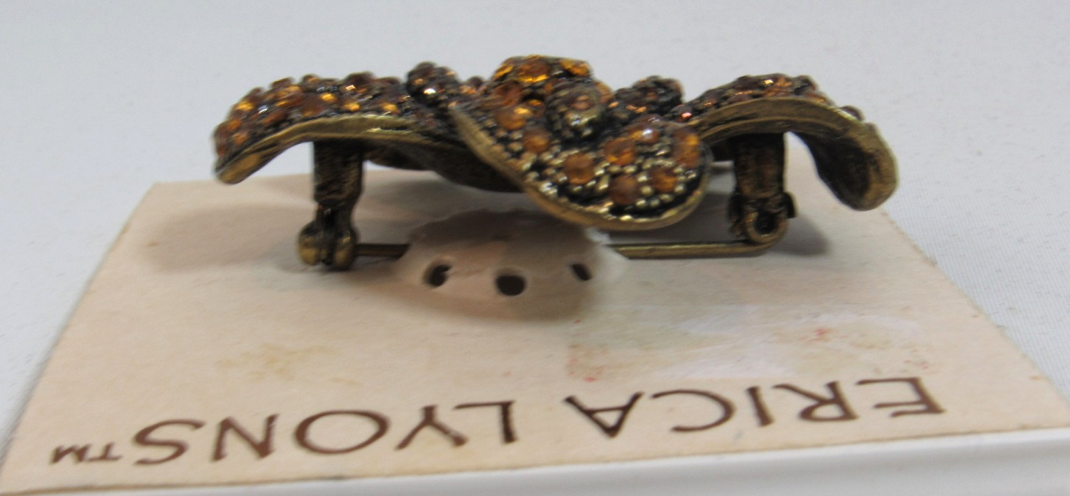 Vintage Erica Lyons Amber Rhinestone on Black Flower Brooch Pin