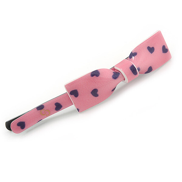 1Pcs Pink with Purple Hearts Acrylic Bow Hair Grip/ Slide In Black Tone Metal –