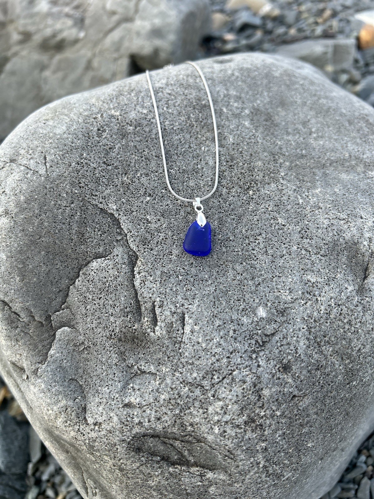 Genuine Cobalt Blue Sea Glass Necklace Stainless Steel Chain Rare 18 Inch