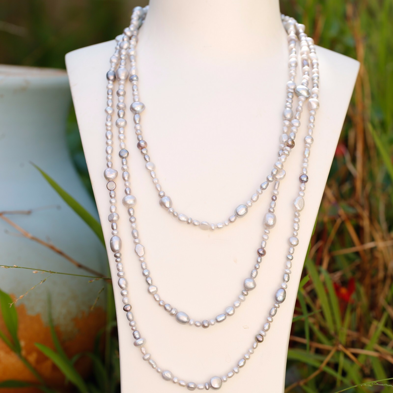 180cm size3-8mm baroque silver grey freshwater pearl Morandi color necklace #309