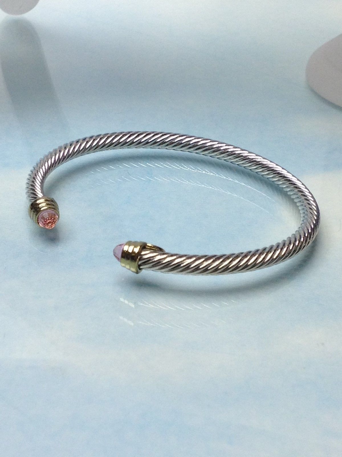 DESIGNER INSPIRED BANGLE SILVER FINISH GOLD CRYSTAL TIPS CLASSIC CUFF BRACELET