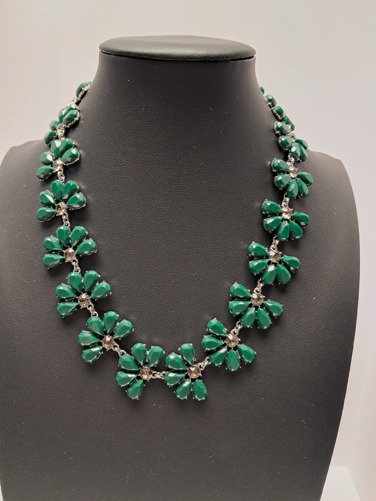 Ann Taylor Green Floral Statement Bib Necklace Rhinestone Silver Tone Signed