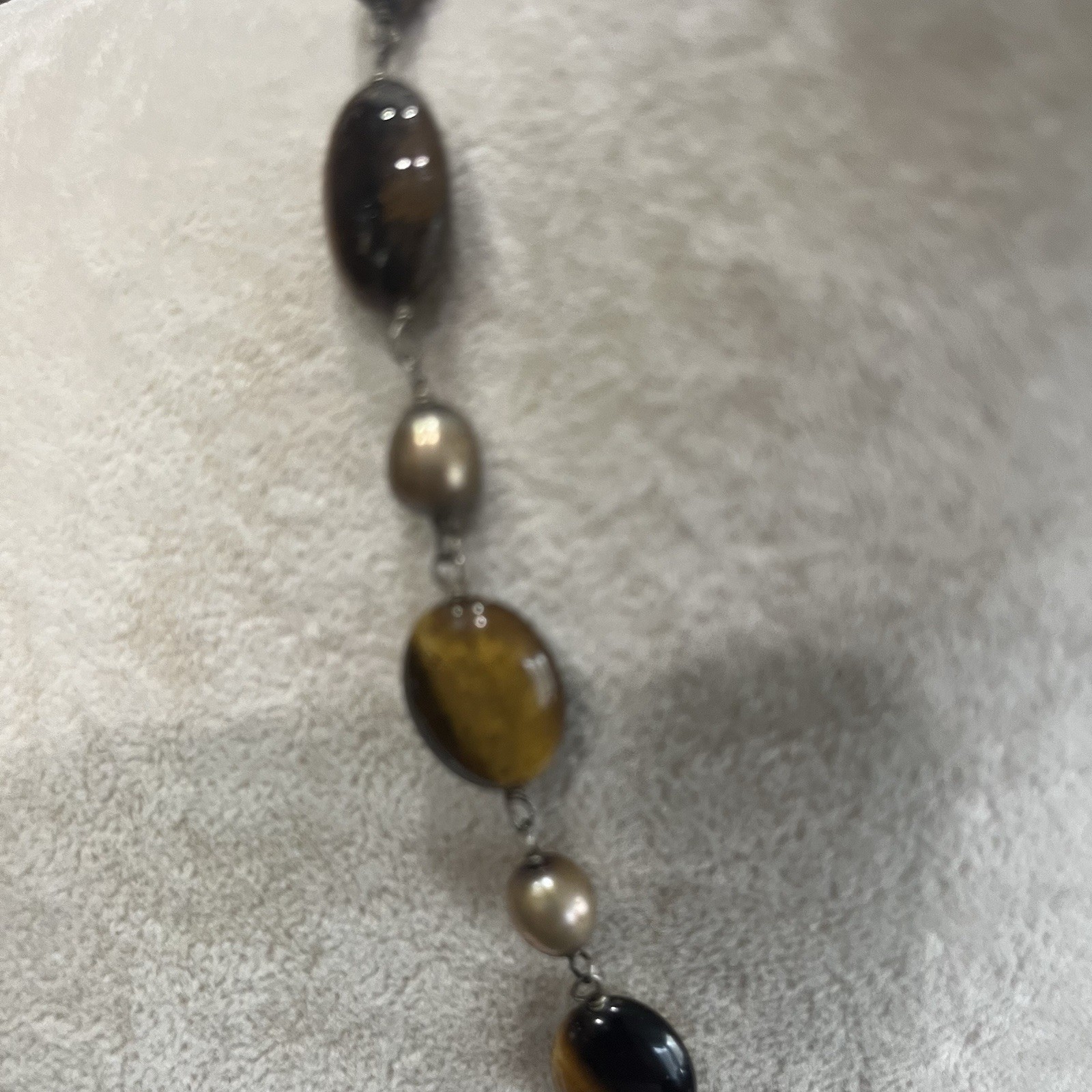 Tiger Eye Pendant Necklace Freshwater Pearl Sterling Silver 925 Statement Toggle