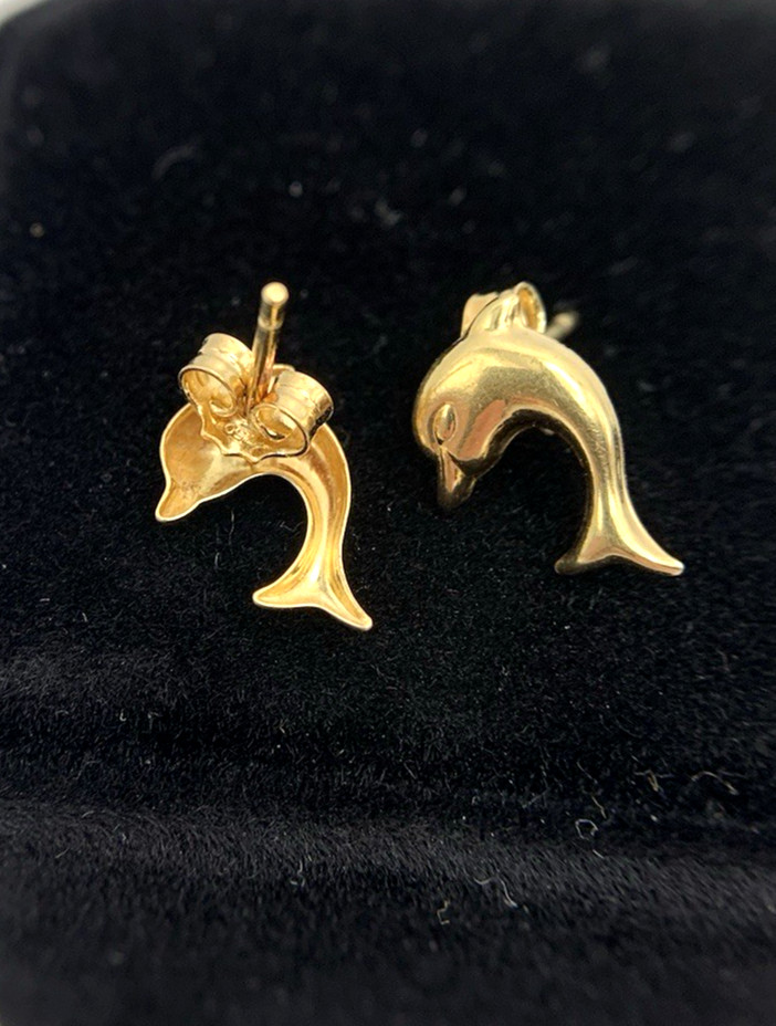 18k .750 Gold DOLPHIN Earrings,12.6mm x 8.4, 1.1g, Signed AR 348, FREEgfBx($5