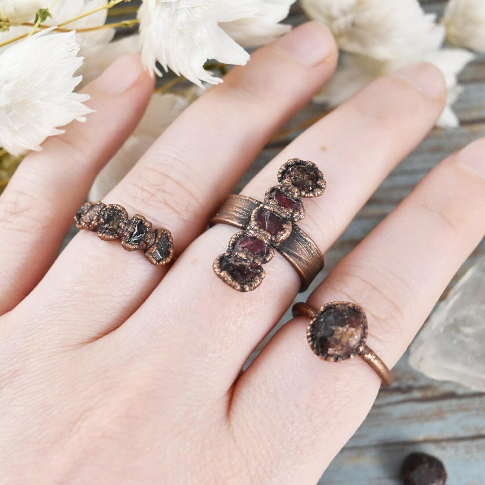 Size 7 Raw Garnet Ring, Natural Stone Crystal, Antique Copper, Boho Jewelry