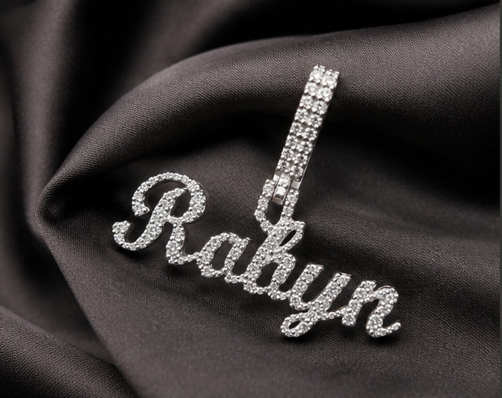 2Ct Moissanite Rakyn Name Pendant – 14K White Gold Plated Iced Out Unisex Charm