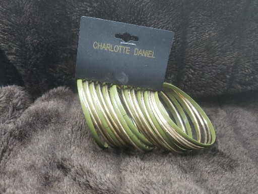 Charlotte Daniels Large Lot of Goldtone And Green Bangle Bracelets New on Tag
