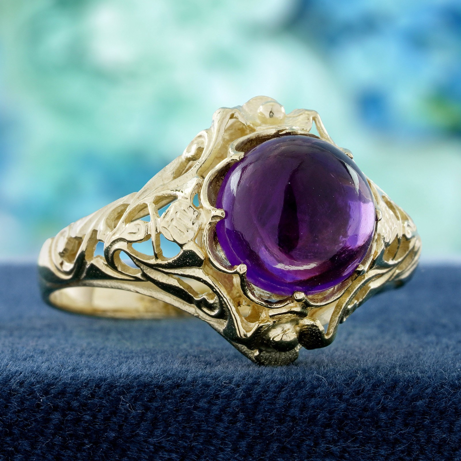 9K Yellow Gold Solid Natural Cabochon Amethyst Vintage Style Filigree Ring