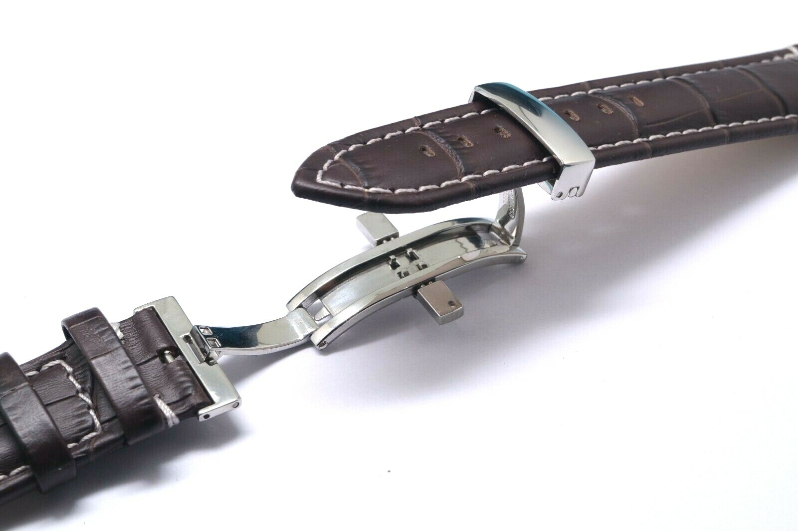 22mm Brown/White Croco Embossed Leather Watch Band Push Button Deployant Clasp