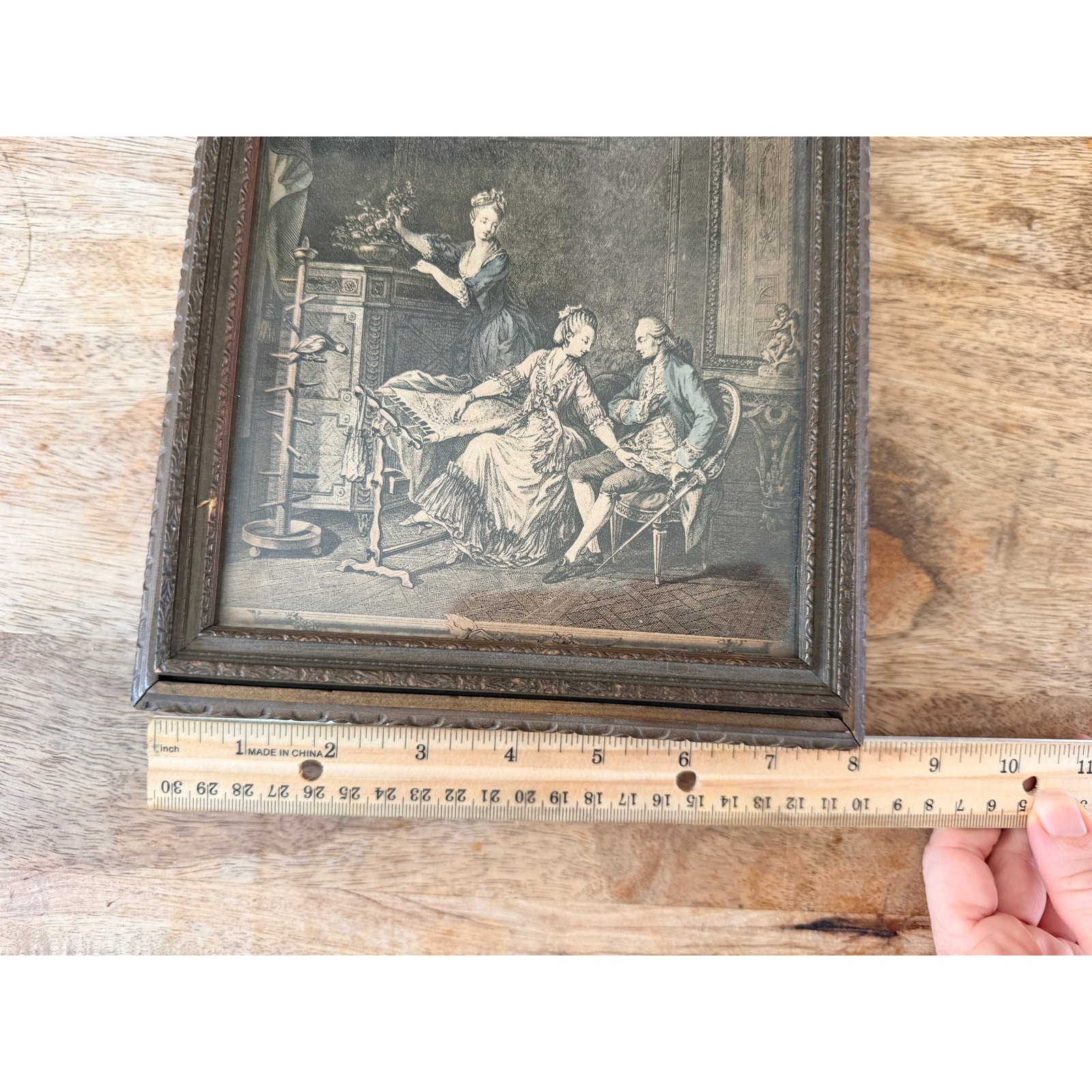 Antique Wood Jewelry Box French Salon Engraving Lid Mirror Compartments 1920s