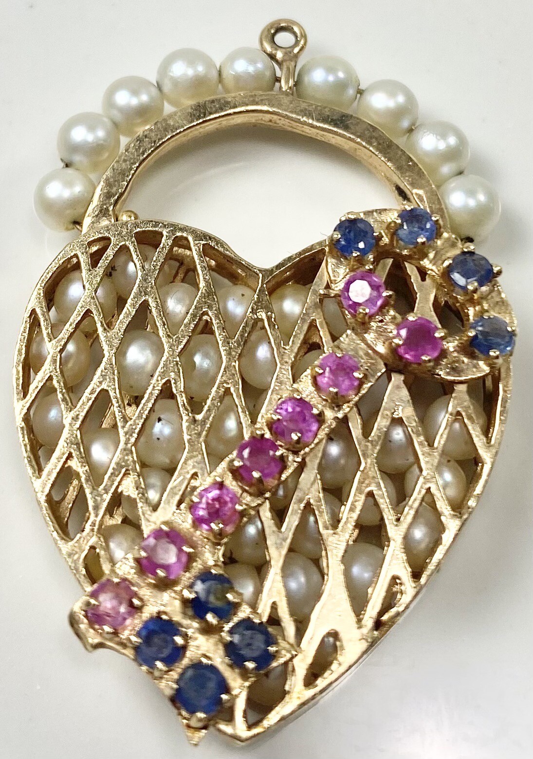 LARGE RETRO 1950S KEY TO MY HEART PEARL RUBY SAPPHIRE CHARM VINTAGE (C153B)
