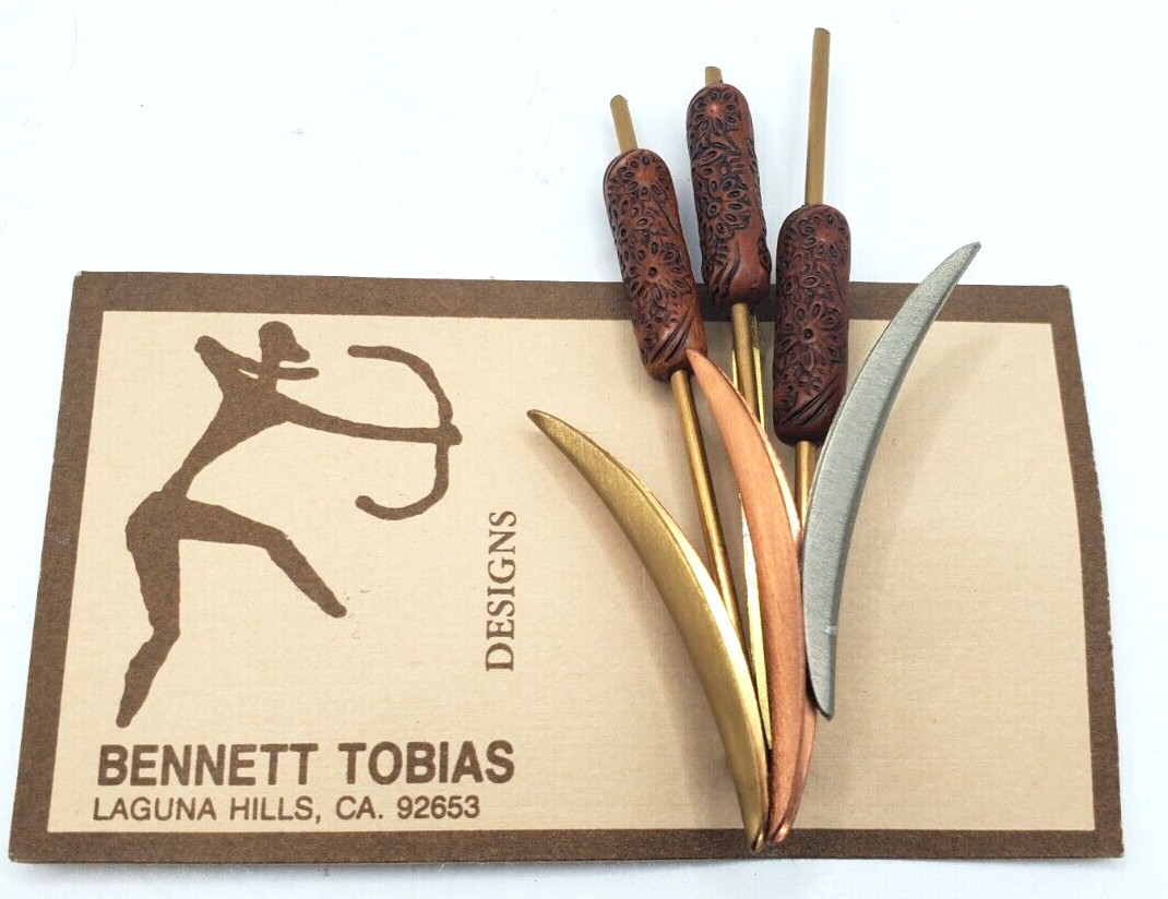 Bennett Tobias Cattail Typha mixed Metal Goldtone Coppertone Brooch Pin