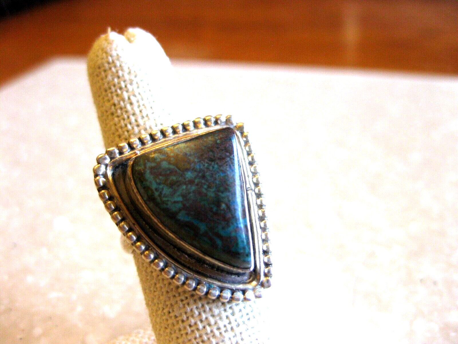 Sterling Ring w/ Natural Stone, Turquoise? Edged w/ Row of Tiny Balls / 6 3/4