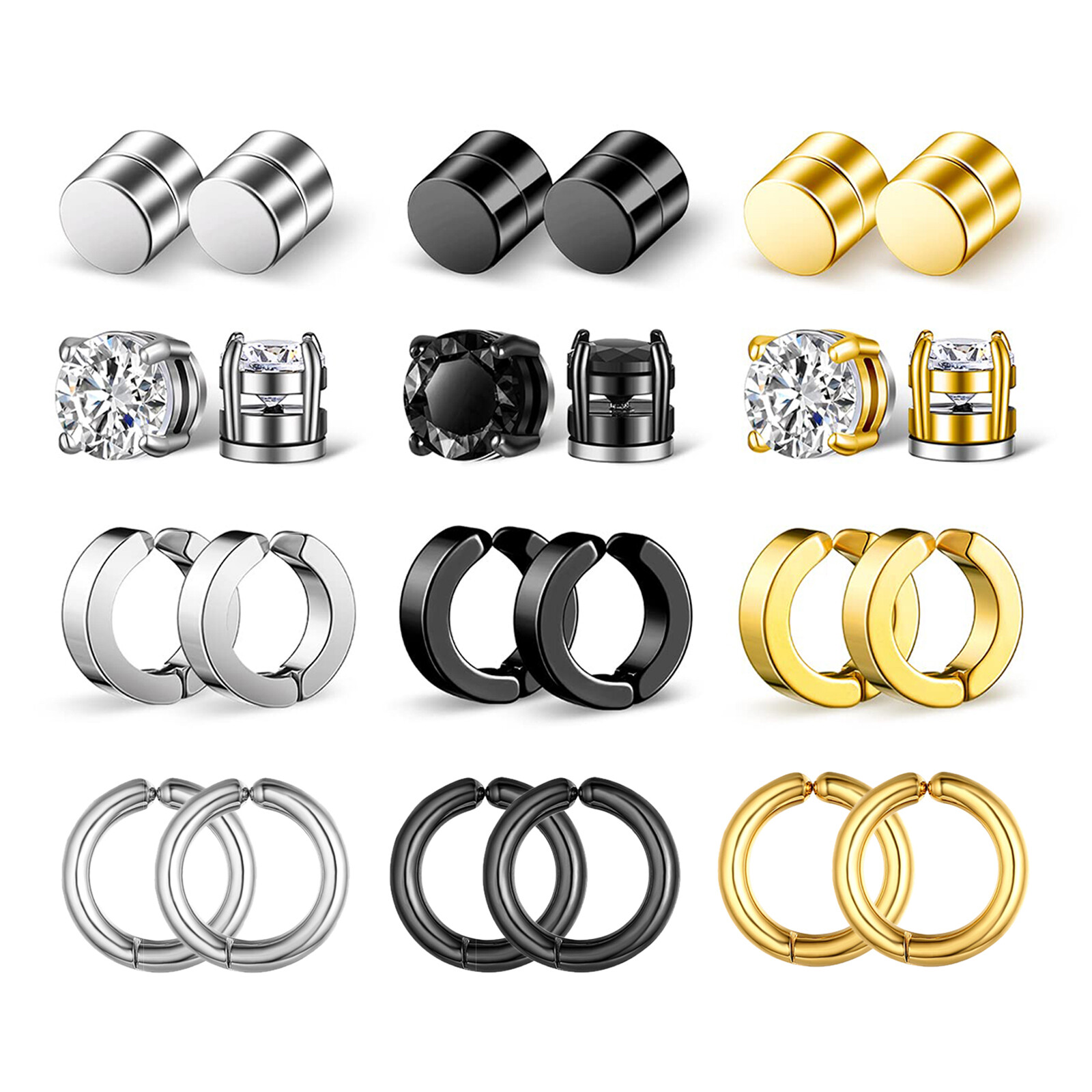 12 Pairs Stainless Steel Magnetic Stud Earring Women Men Non-Piercing Clip On US
