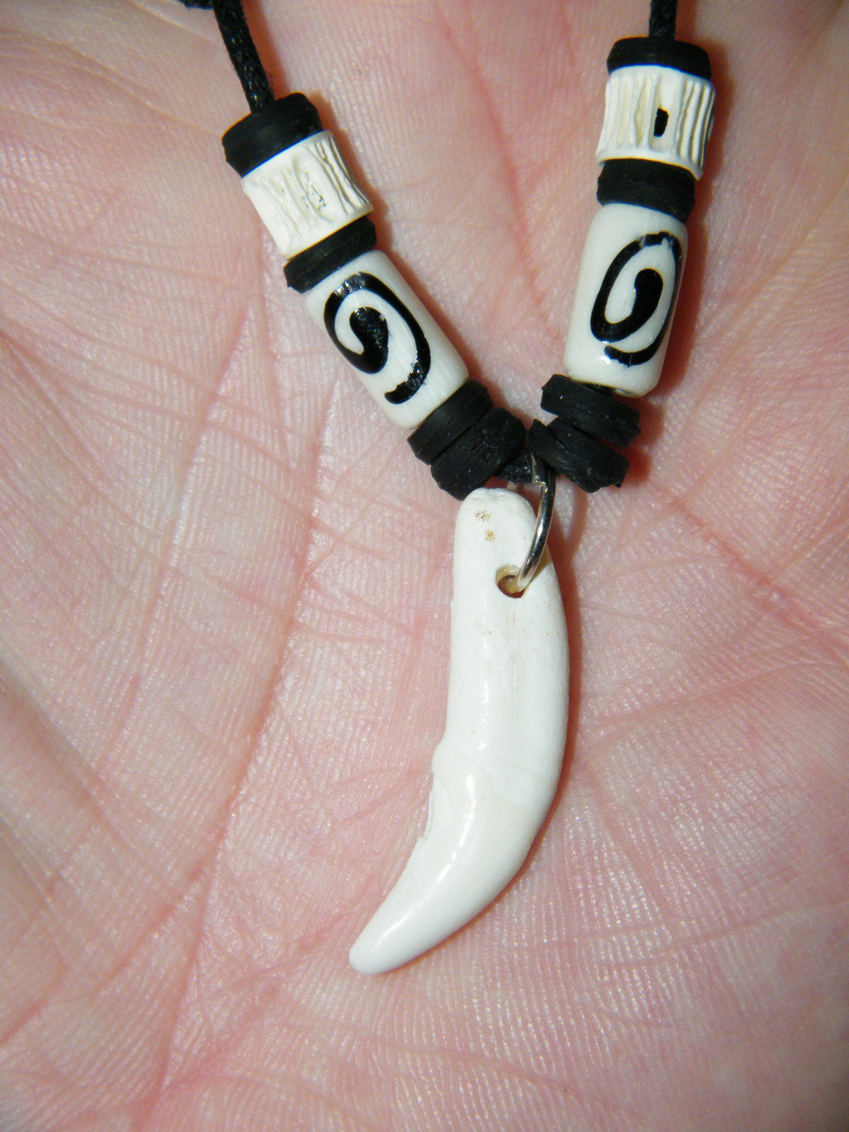 White Coyote Tooth Necklace REAL Teeth Black White Beads 16″-28″ Black Cord NEW!