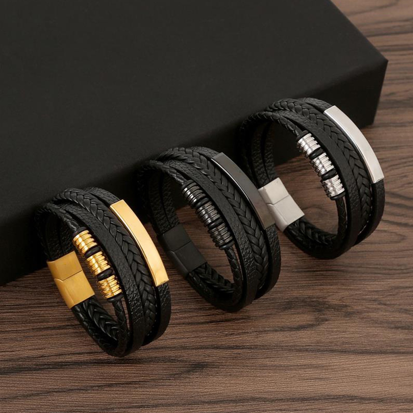 Men’s Leather Bracelet Braided Wristband Magnetic Buckle – Black Silver Gold