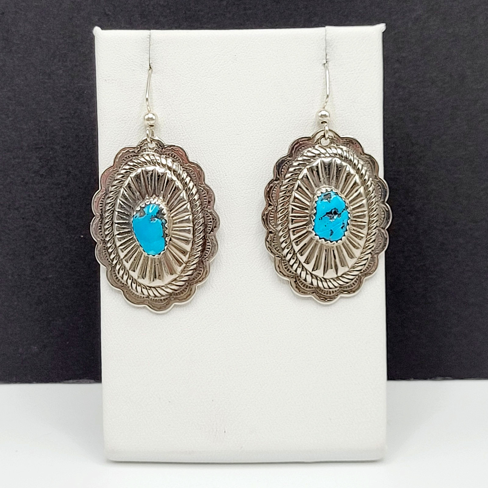 Southwestern Style Silver Tone Turquoise Concho Dangle Pierced Hook Earrings