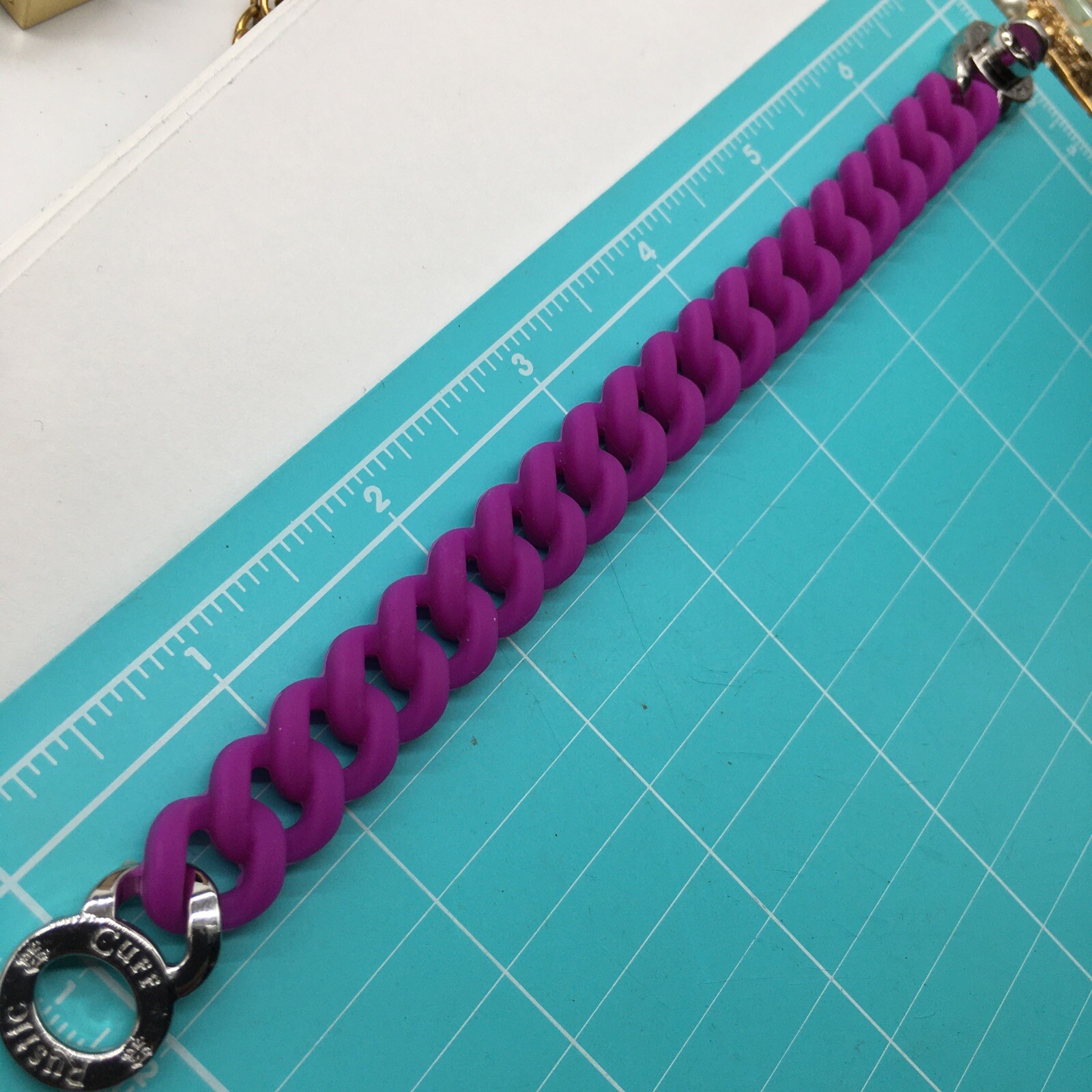 Rustic Cuff Silver Tone Turn Lock Fuchsia Silicone Stretch Mock Chain Bracelet