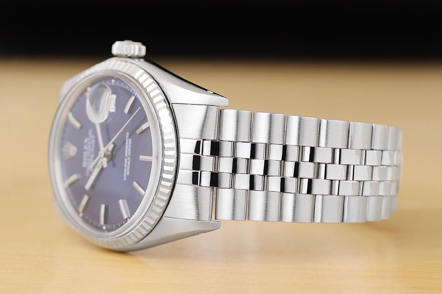 ROLEX MENS DATEJUST BLUE DIAL FLUTED BEZEL 18K WHITE GOLD STAINLESS STEEL WATCH