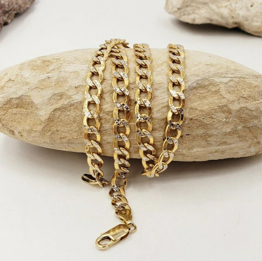 10KT Yellow Gold Hollow Curb 2 Tone Diamond Cut Chain 23.14 inches x W 6.50 mm