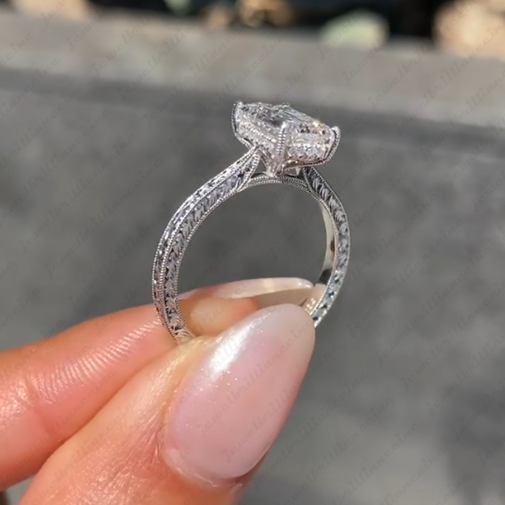 2.30Ctw Emerald Cut Moissanite Hidden Halo Vintage Style Engagement Wedding Ring